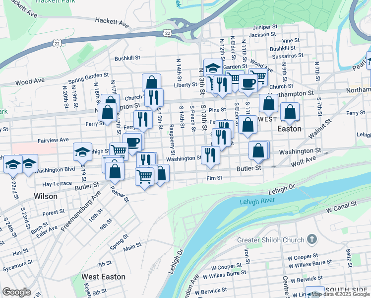 map of restaurants, bars, coffee shops, grocery stores, and more near 1362 Lehigh Street in Easton