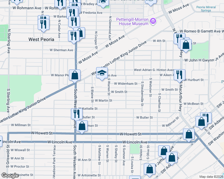 map of restaurants, bars, coffee shops, grocery stores, and more near 1528 West Widenham Street in Peoria