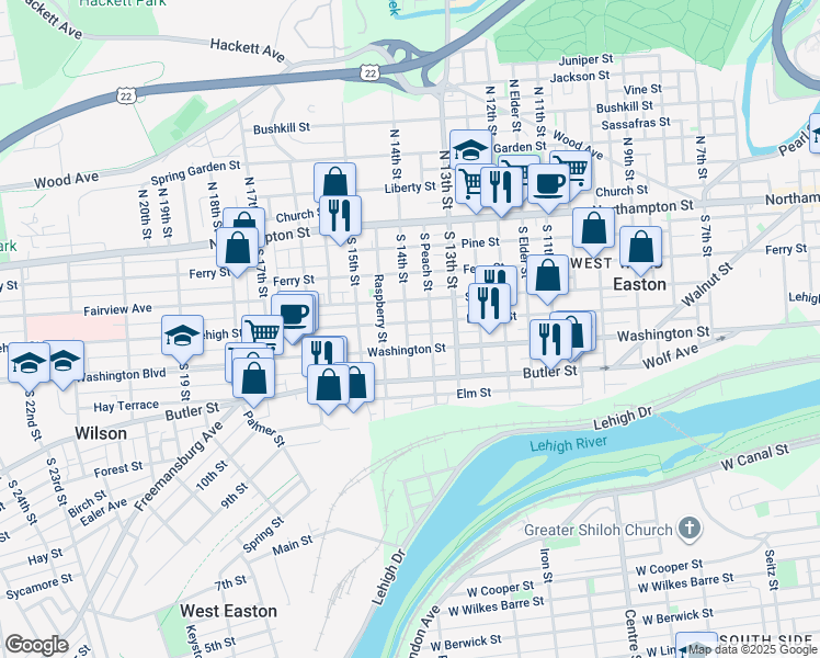 map of restaurants, bars, coffee shops, grocery stores, and more near 1350 Lehigh Street in Easton