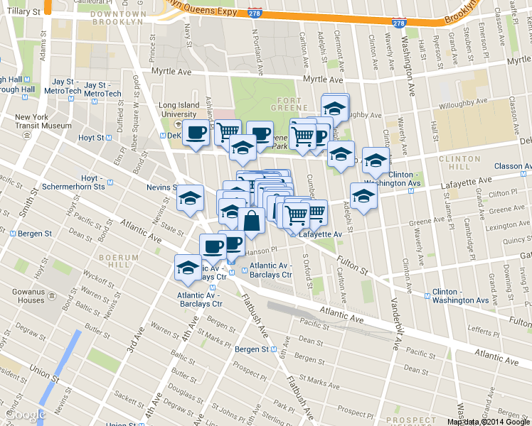 map of restaurants, bars, coffee shops, grocery stores, and more near Lafayette Avenue & South Elliott Place in Brooklyn