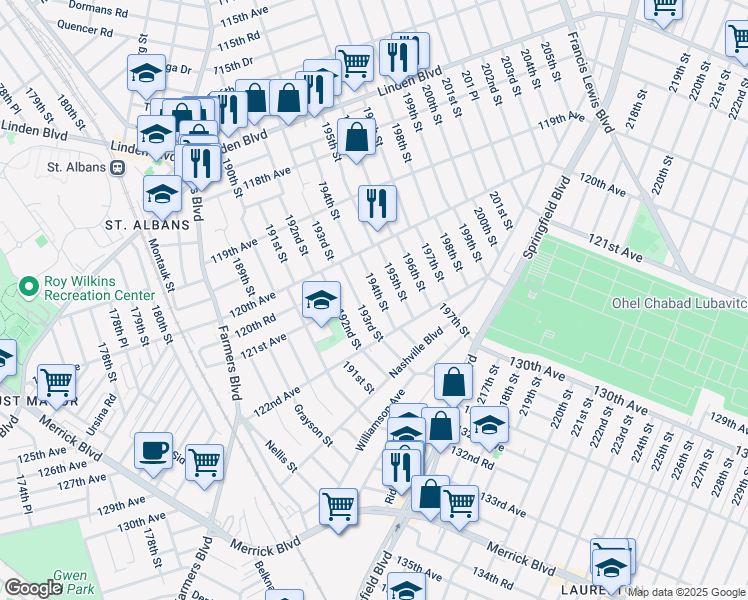 map of restaurants, bars, coffee shops, grocery stores, and more near 120-36 194th Street in Queens