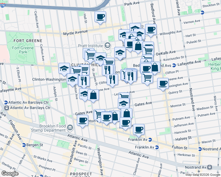 map of restaurants, bars, coffee shops, grocery stores, and more near Greene Avenue & Grand Avenue in Brooklyn