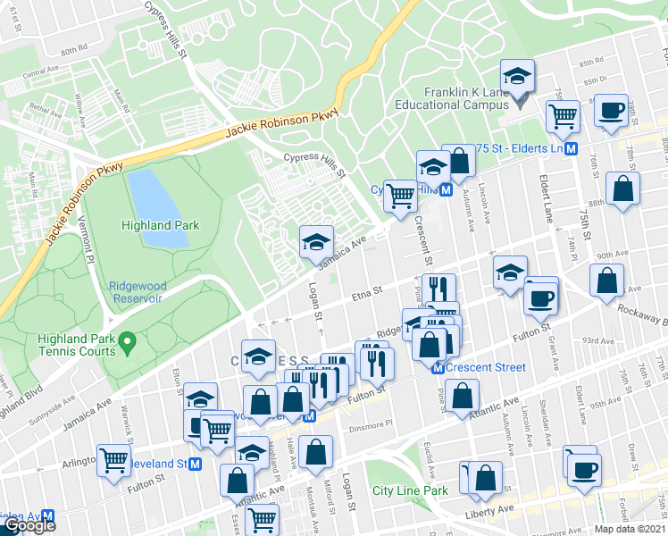map of restaurants, bars, coffee shops, grocery stores, and more near 716 Jamaica Avenue in Brooklyn