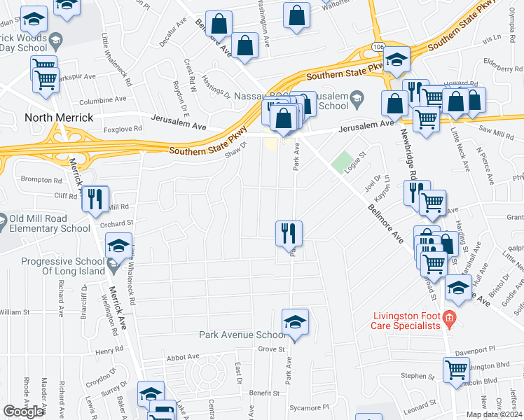 map of restaurants, bars, coffee shops, grocery stores, and more near 1323 Taft Avenue in Merrick