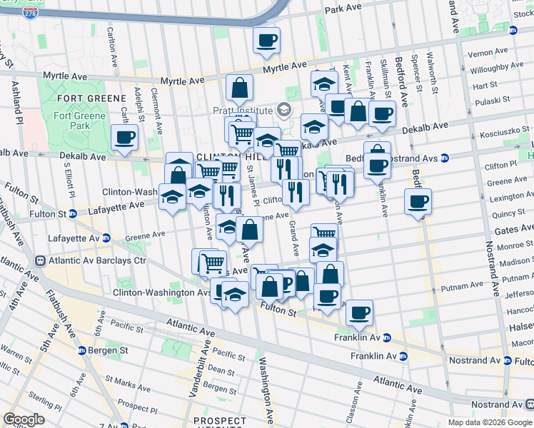 map of restaurants, bars, coffee shops, grocery stores, and more near 195 Greene Avenue in Brooklyn