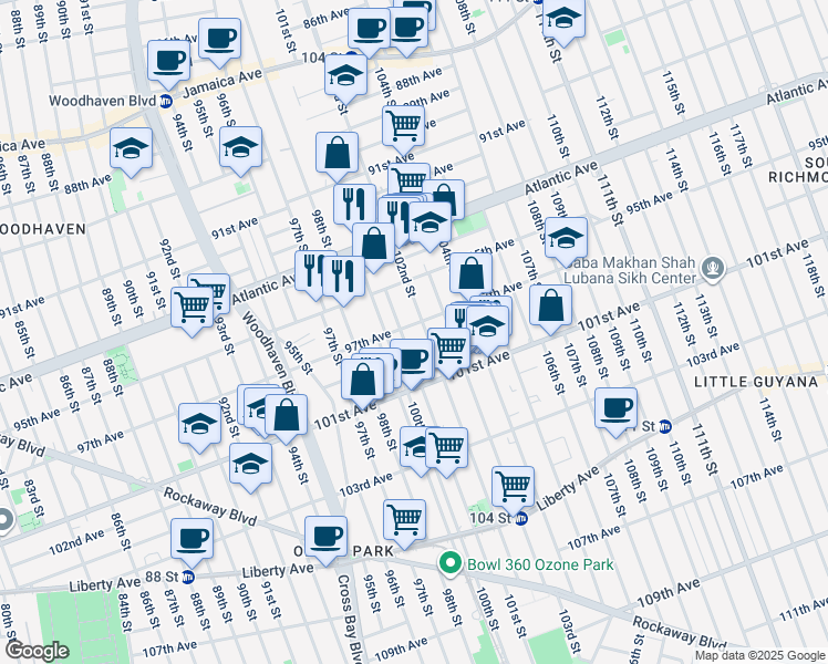 map of restaurants, bars, coffee shops, grocery stores, and more near 101-11 97th Avenue in Queens