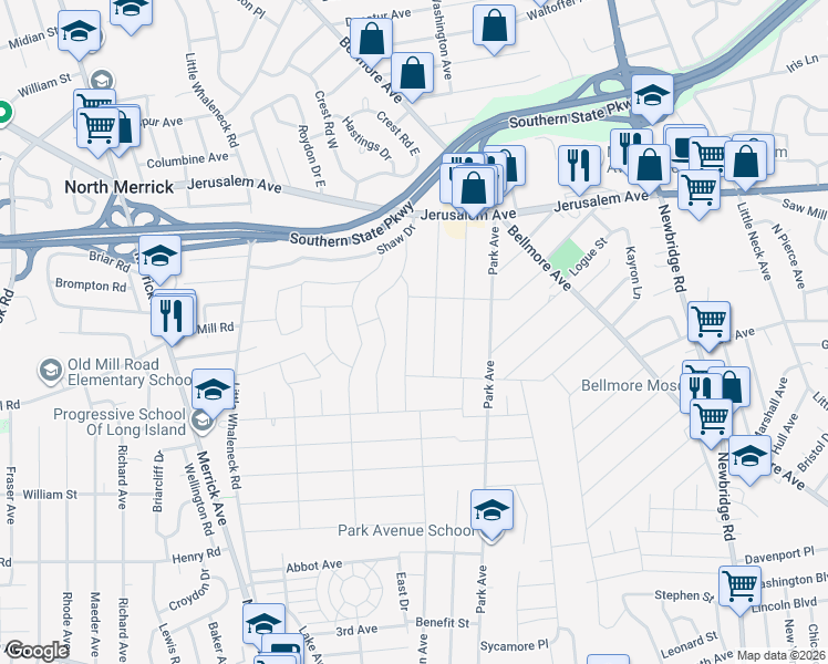 map of restaurants, bars, coffee shops, grocery stores, and more near 1310 Whittier Avenue in North Merrick