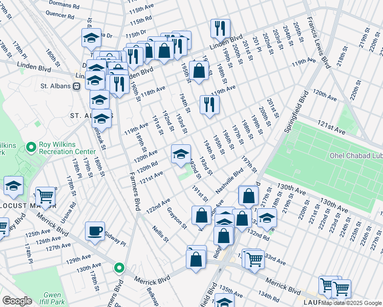 map of restaurants, bars, coffee shops, grocery stores, and more near 120-22 192nd Street in Queens