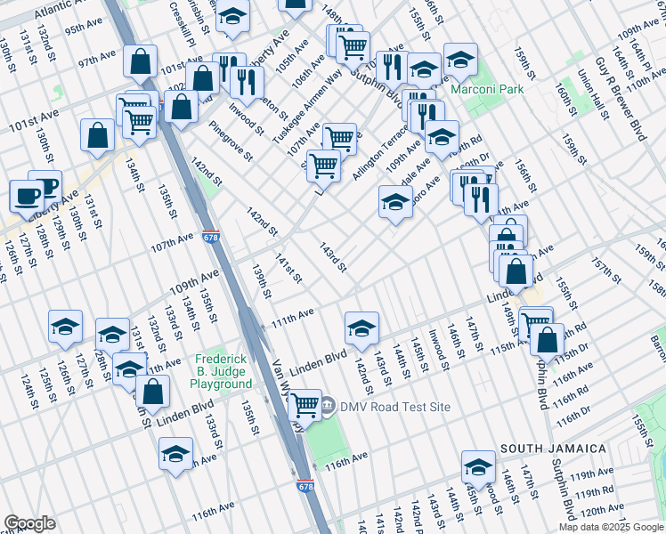 map of restaurants, bars, coffee shops, grocery stores, and more near 109-42 143rd Street in Queens