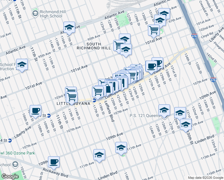 map of restaurants, bars, coffee shops, grocery stores, and more near 103-38 121st Street in Queens