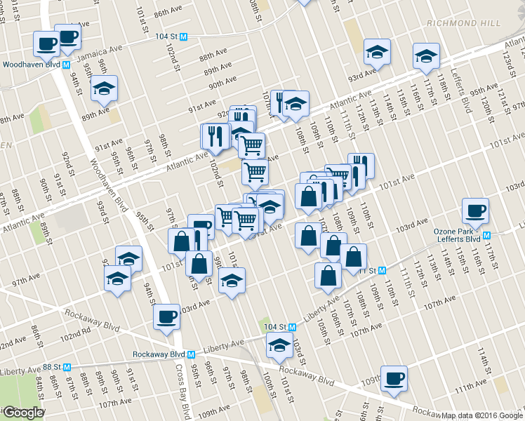 map of restaurants, bars, coffee shops, grocery stores, and more near 97-22 105th Street in Queens