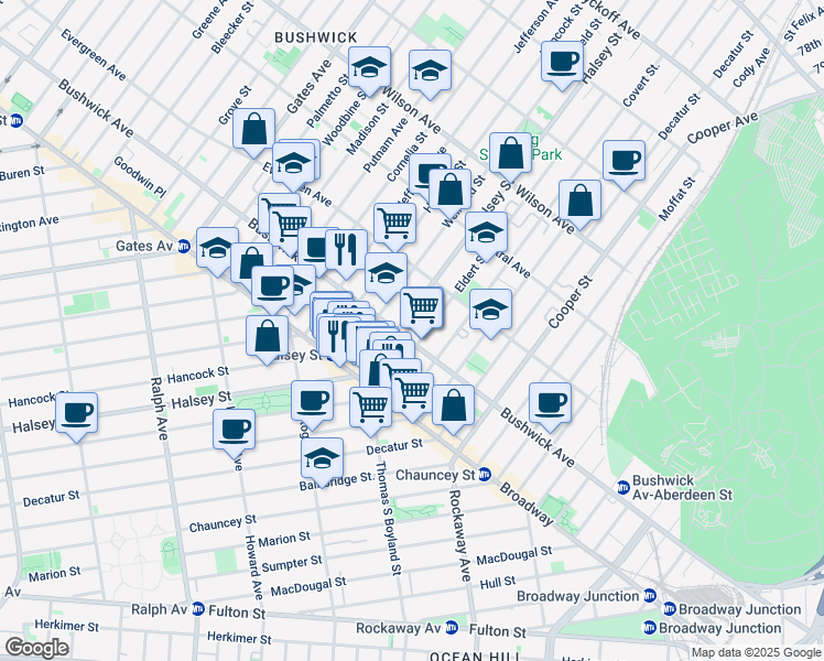 map of restaurants, bars, coffee shops, grocery stores, and more near 1259 Bushwick Avenue in Brooklyn