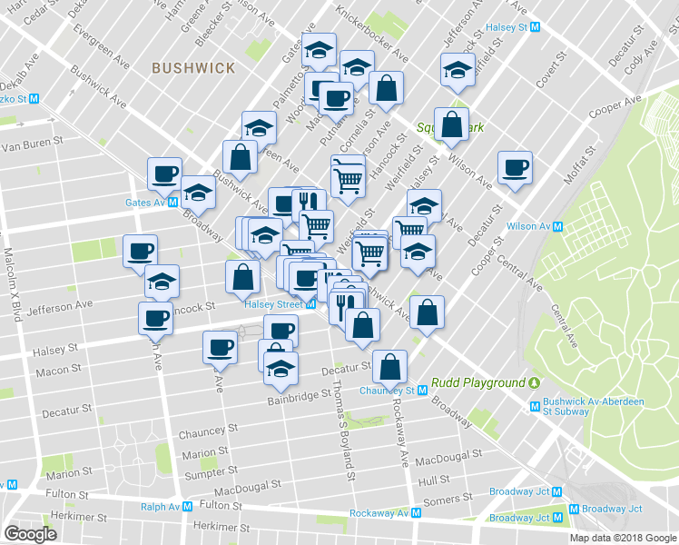 map of restaurants, bars, coffee shops, grocery stores, and more near 1259 Bushwick Avenue in Brooklyn