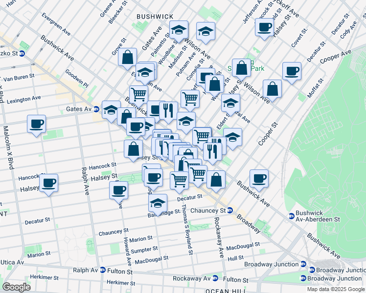 map of restaurants, bars, coffee shops, grocery stores, and more near 1259 Bushwick Avenue in Brooklyn