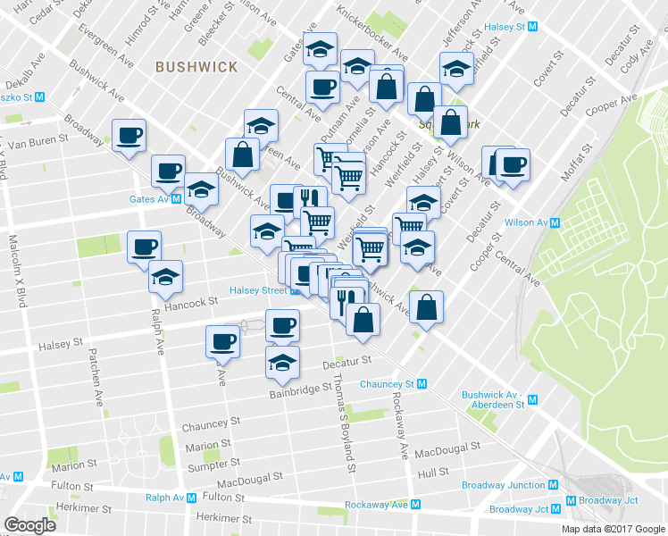map of restaurants, bars, coffee shops, grocery stores, and more near 1259 Bushwick Avenue in Brooklyn