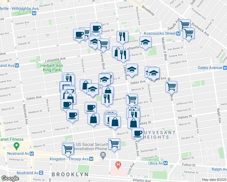 map of restaurants, bars, coffee shops, grocery stores, and more near in Brooklyn