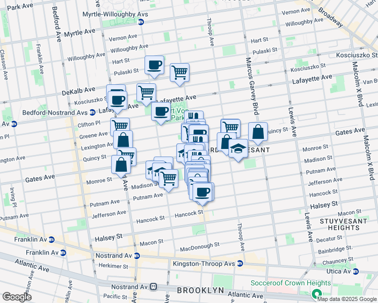map of restaurants, bars, coffee shops, grocery stores, and more near 386 Quincy Street in Brooklyn