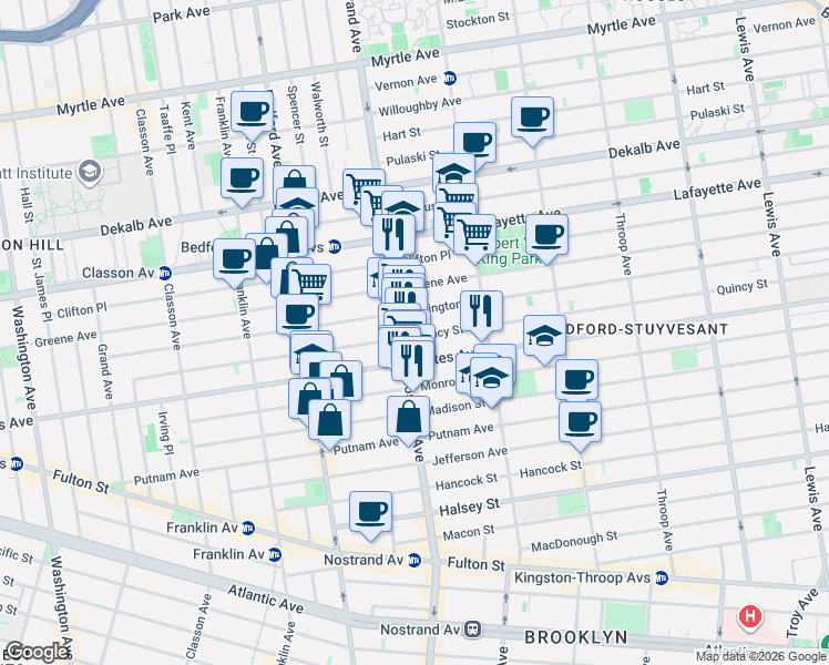 map of restaurants, bars, coffee shops, grocery stores, and more near 292 Lexington Avenue in Brooklyn