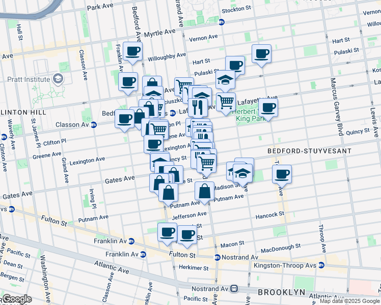 map of restaurants, bars, coffee shops, grocery stores, and more near 260 Lexington Avenue in Brooklyn