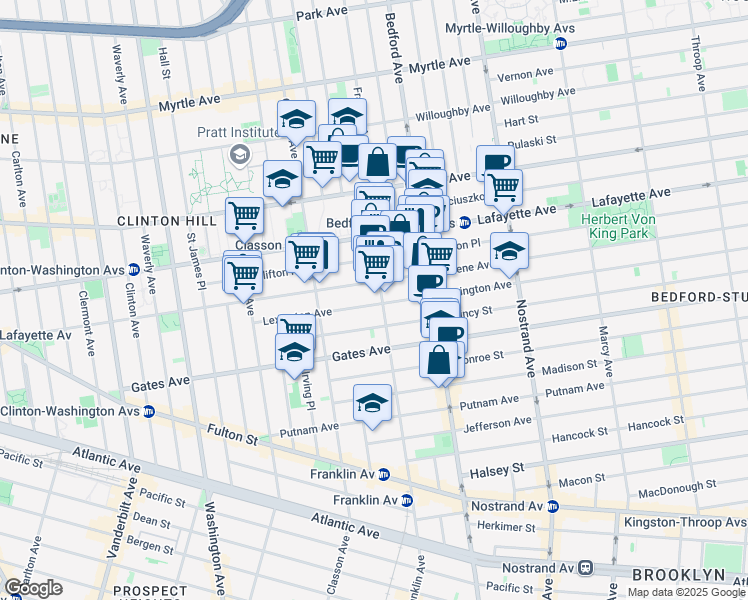 map of restaurants, bars, coffee shops, grocery stores, and more near 340 Greene Avenue in Brooklyn