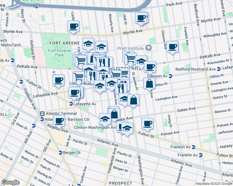 map of restaurants, bars, coffee shops, grocery stores, and more near 356 Clinton Avenue in Brooklyn