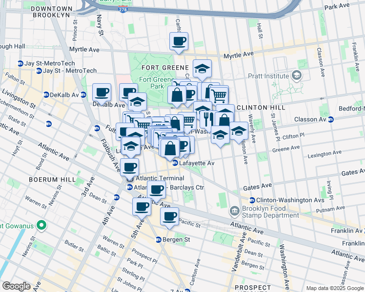 map of restaurants, bars, coffee shops, grocery stores, and more near 133 Lafayette Avenue in Brooklyn