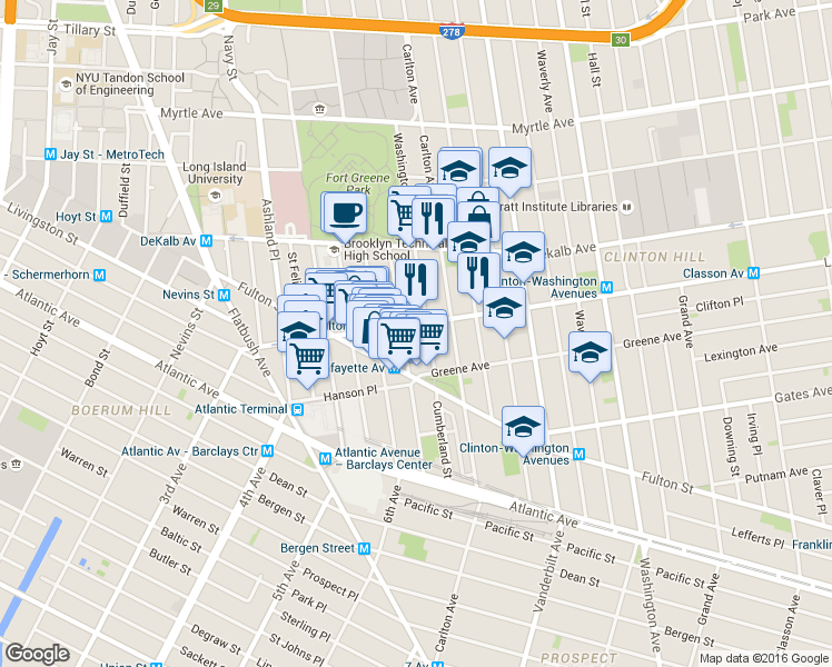 map of restaurants, bars, coffee shops, grocery stores, and more near 133 Lafayette Avenue in Brooklyn