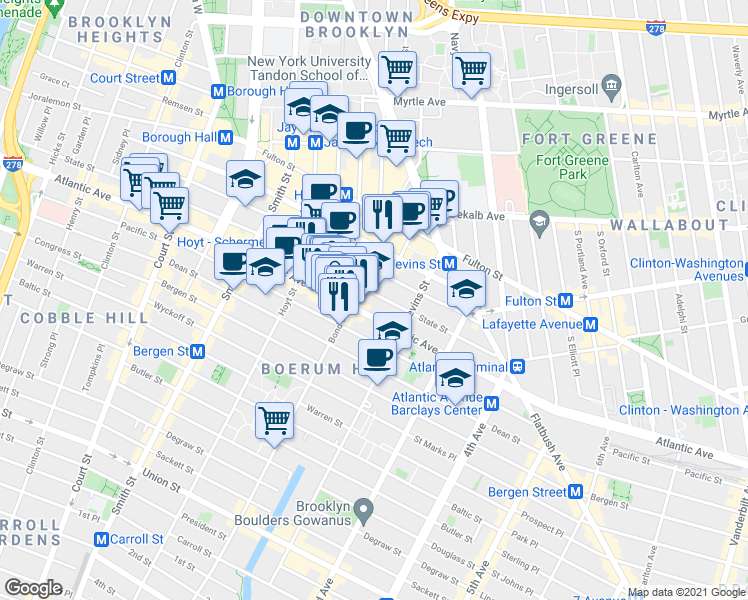 map of restaurants, bars, coffee shops, grocery stores, and more near 78 Bond Street in Brooklyn