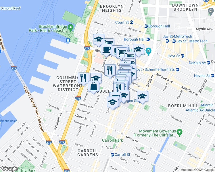 map of restaurants, bars, coffee shops, grocery stores, and more near 198 Warren Street in Brooklyn
