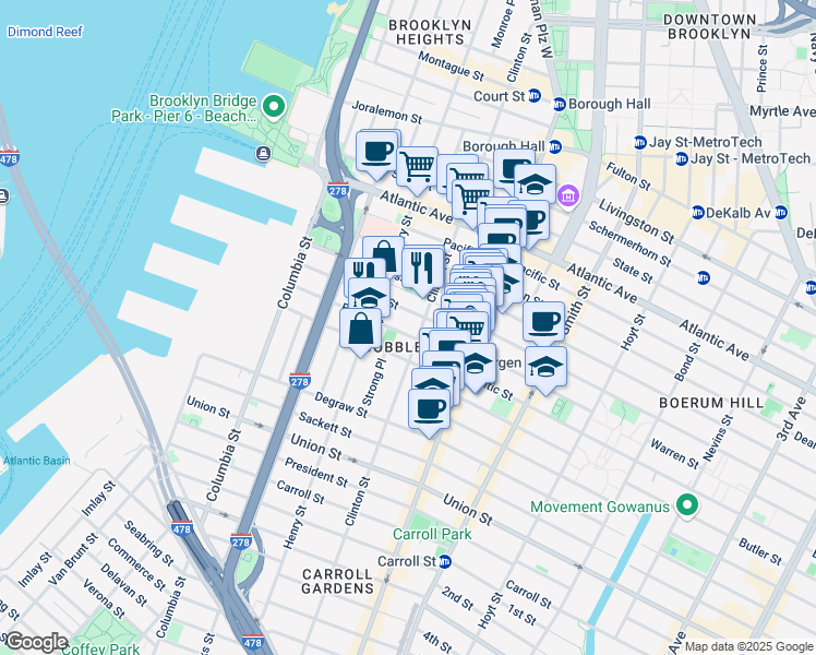 map of restaurants, bars, coffee shops, grocery stores, and more near 198 Warren Street in Brooklyn