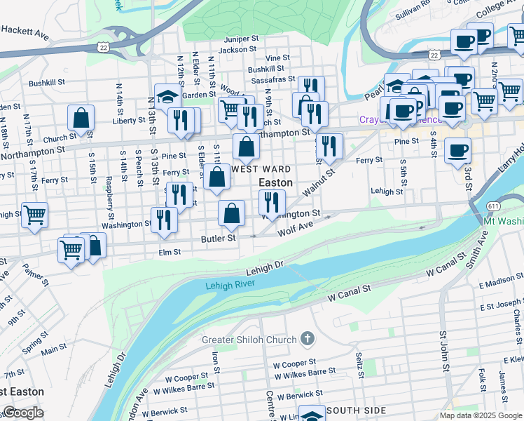 map of restaurants, bars, coffee shops, grocery stores, and more near 936 Lehigh Street in Easton