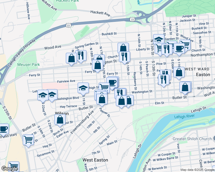 map of restaurants, bars, coffee shops, grocery stores, and more near 137 South 17th Street in Easton