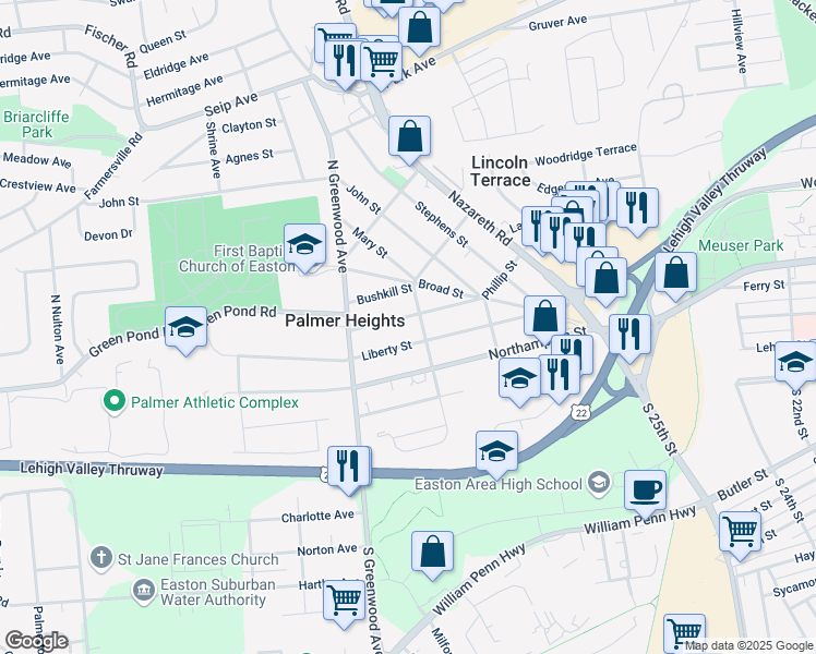 map of restaurants, bars, coffee shops, grocery stores, and more near 2700 Spring Garden Street in Easton