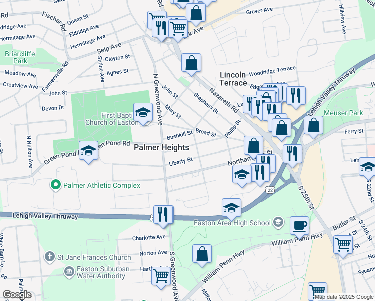 map of restaurants, bars, coffee shops, grocery stores, and more near 2706 Spring Garden Street in Easton