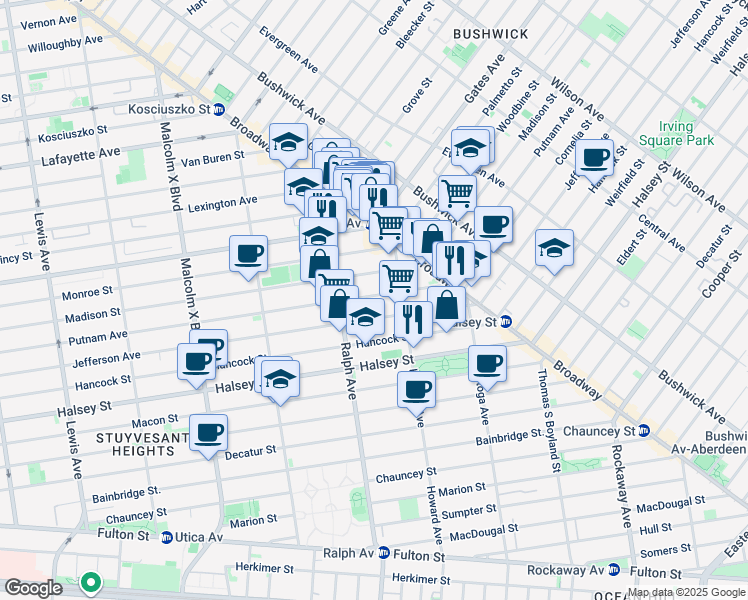 map of restaurants, bars, coffee shops, grocery stores, and more near 989 Putnam Avenue in Brooklyn
