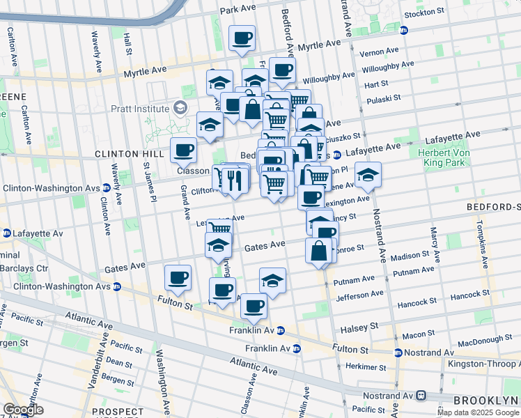 map of restaurants, bars, coffee shops, grocery stores, and more near 340 Greene Avenue in Brooklyn