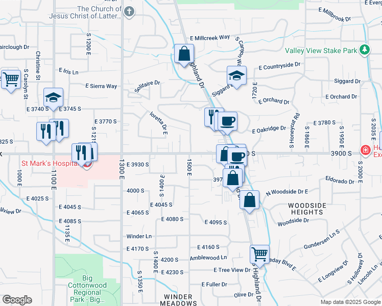 map of restaurants, bars, coffee shops, grocery stores, and more near 5544 Highland Cove Lane in Millcreek