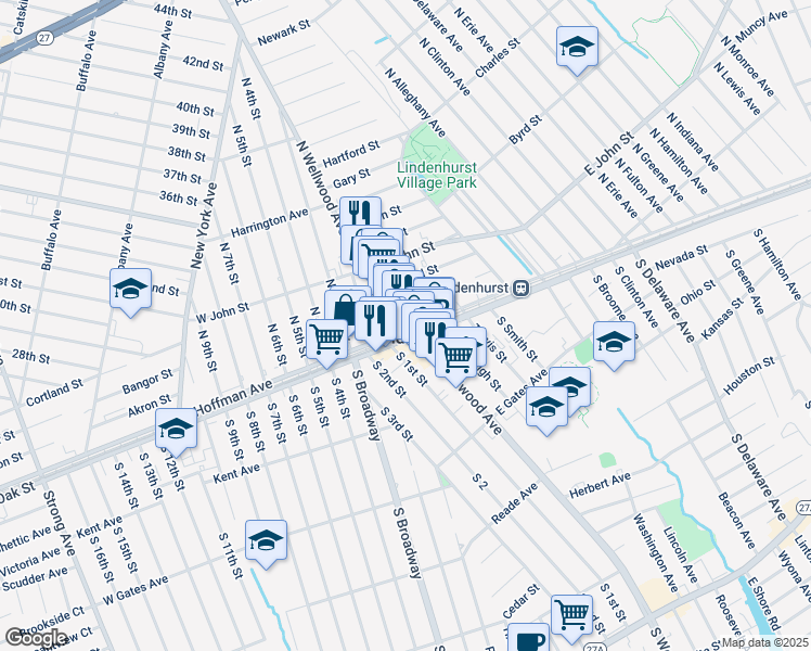 map of restaurants, bars, coffee shops, grocery stores, and more near in Lindenhurst