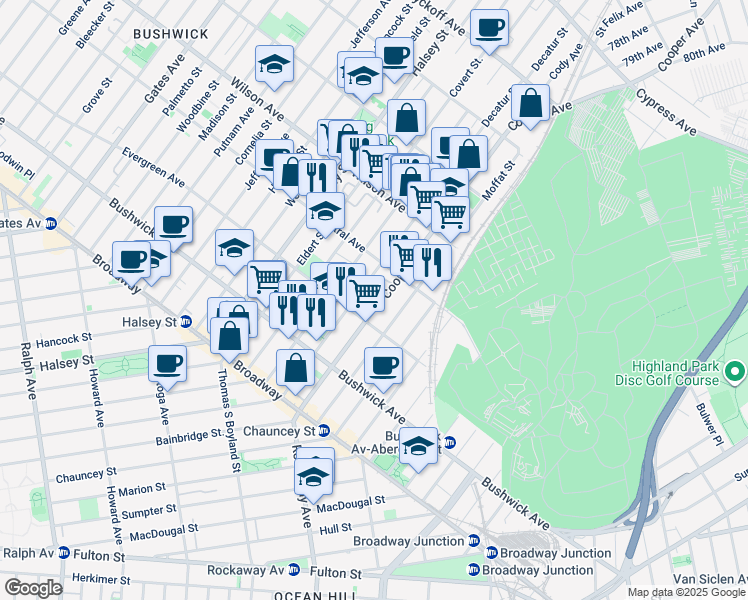 map of restaurants, bars, coffee shops, grocery stores, and more near 133 Cooper Street in Brooklyn