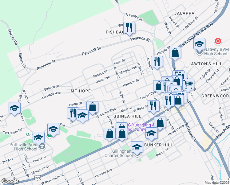 map of restaurants, bars, coffee shops, grocery stores, and more near 800 Harrison Street in Pottsville