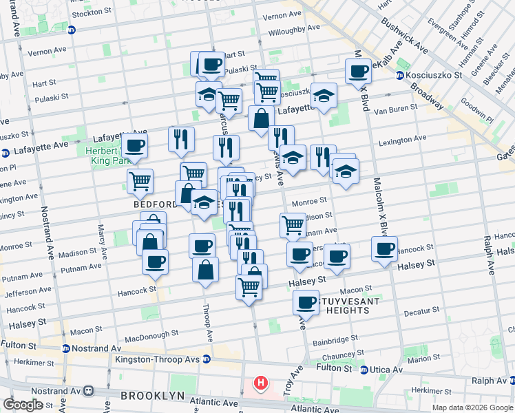 map of restaurants, bars, coffee shops, grocery stores, and more near 489 Monroe Street in Brooklyn