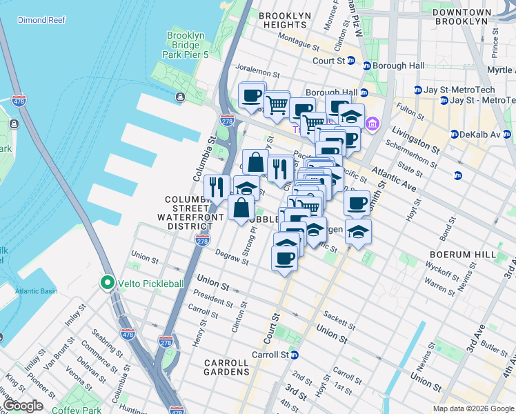 map of restaurants, bars, coffee shops, grocery stores, and more near 182 Baltic Street in Brooklyn