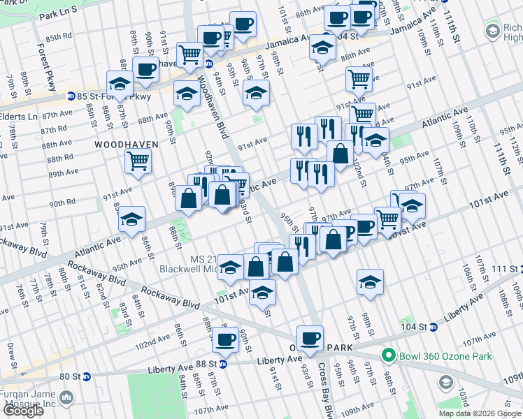 map of restaurants, bars, coffee shops, grocery stores, and more near 9436 Woodhaven Boulevard in Queens