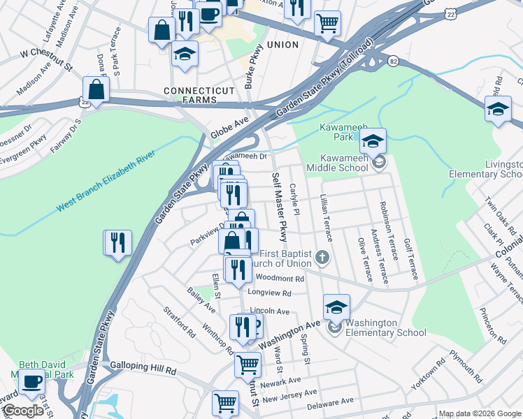 map of restaurants, bars, coffee shops, grocery stores, and more near 632 Twain Place in Union
