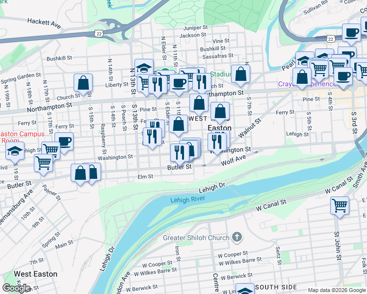map of restaurants, bars, coffee shops, grocery stores, and more near 1038 Lehigh Street in Easton