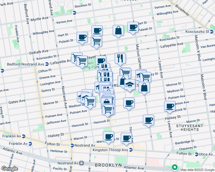 map of restaurants, bars, coffee shops, grocery stores, and more near 416 Quincy Street in Brooklyn