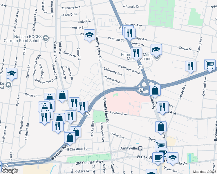 map of restaurants, bars, coffee shops, grocery stores, and more near 104 Francesca Way in Amityville