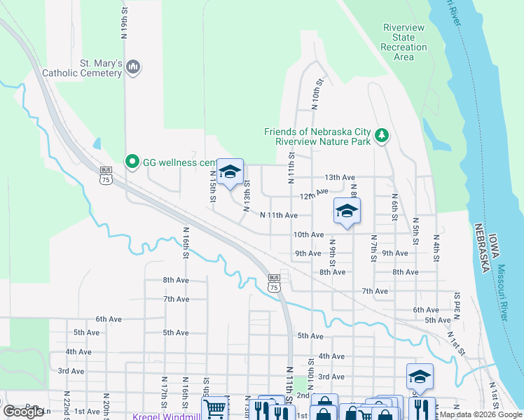 map of restaurants, bars, coffee shops, grocery stores, and more near 1208 North 11th Avenue in Nebraska City