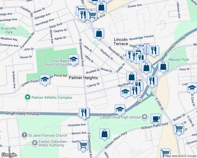 map of restaurants, bars, coffee shops, grocery stores, and more near 2700 Spring Garden Street in Easton