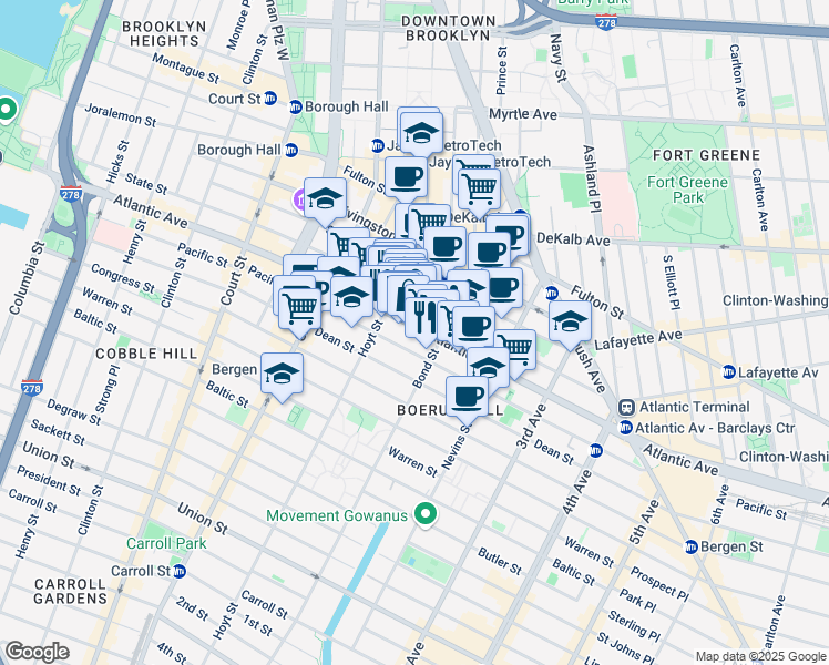 map of restaurants, bars, coffee shops, grocery stores, and more near 380 Atlantic Avenue in Brooklyn